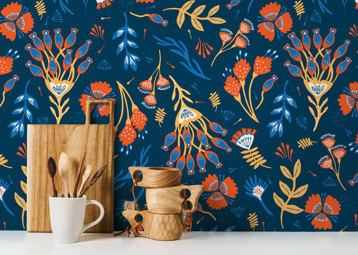 Floral Wallpaper with a Folk Art Motif in Orange, Blue, and Yellow - D359