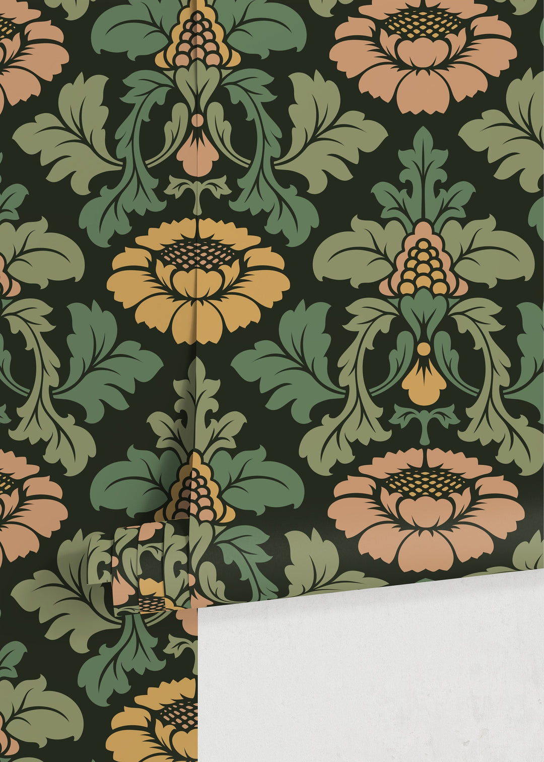Damask Wallpaper with a Vintage Floral Motif in Green, Gold, and Pink - D255