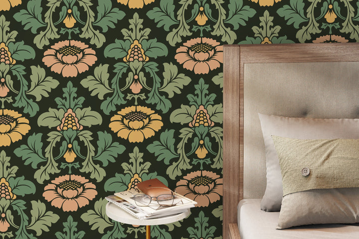 Damask Wallpaper with a Vintage Floral Motif in Green, Gold, and Pink - D255