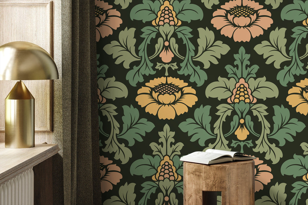 Damask Wallpaper with a Vintage Floral Motif in Green, Gold, and Pink - D255