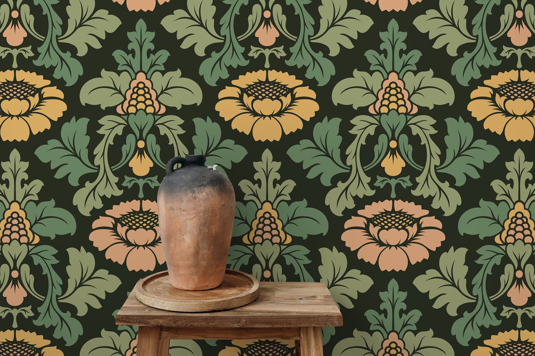 Damask Wallpaper with a Vintage Floral Motif in Green, Gold, and Pink - D255