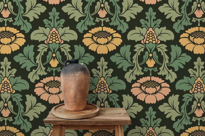 Damask Wallpaper with a Vintage Floral Motif in Green, Gold, and Pink - D255