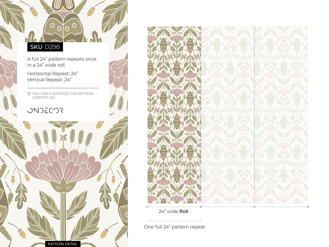 Floral Wallpaper with an Art Nouveau Beetle Motif in Pink and Green - D298