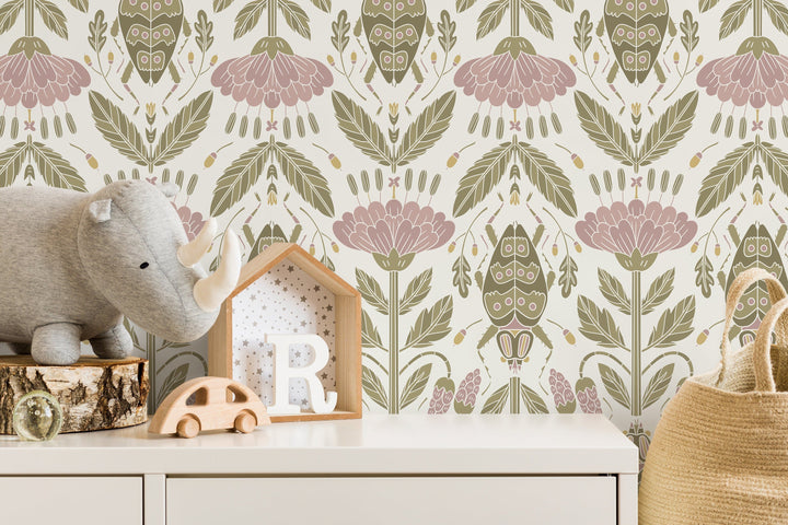 Floral Wallpaper with an Art Nouveau Beetle Motif in Pink and Green - D298