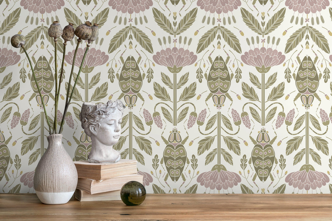 Floral Wallpaper with an Art Nouveau Beetle Motif in Pink and Green - D298