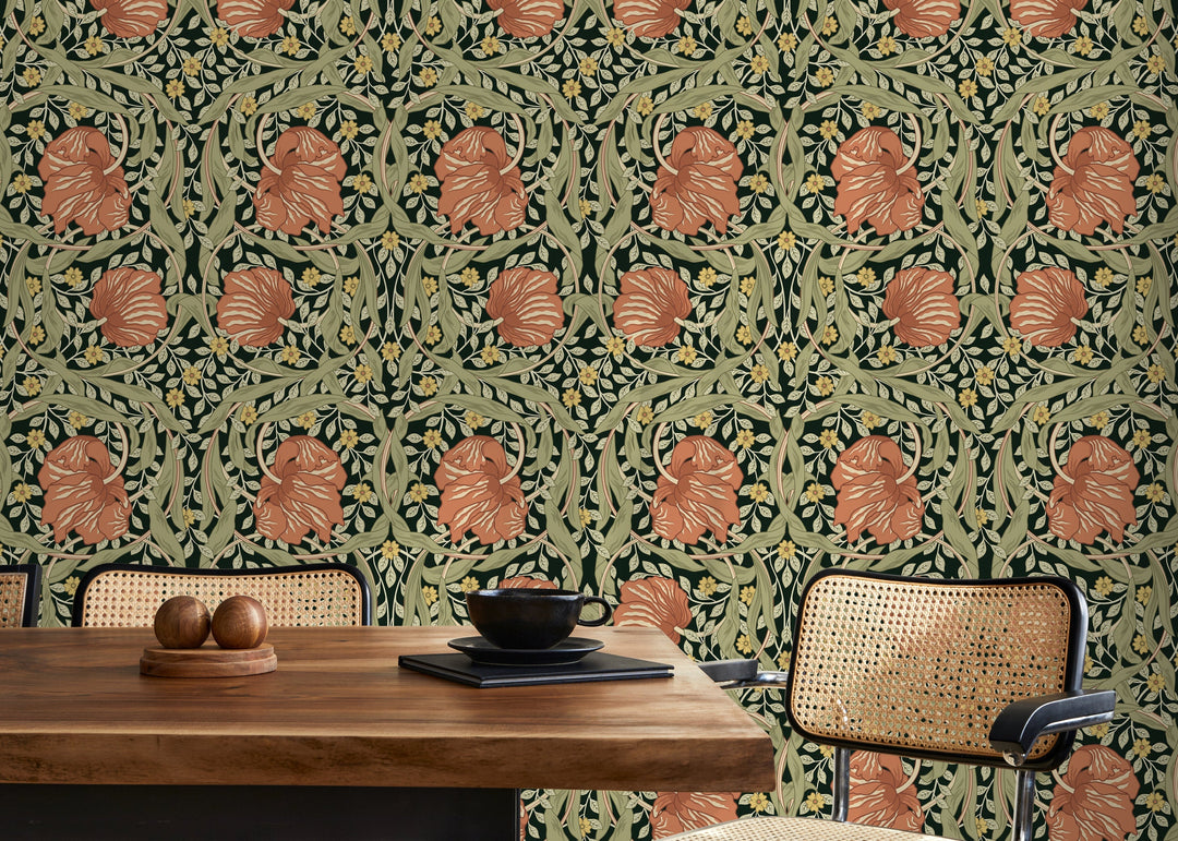 Floral Wallpaper with a Vintage Morris Style Motif in Green, Terracotta, and Yellow - D300