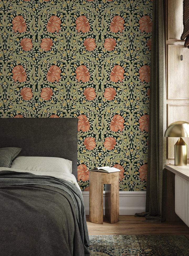 Floral Wallpaper with a Vintage Morris Style Motif in Green, Terracotta, and Yellow - D300