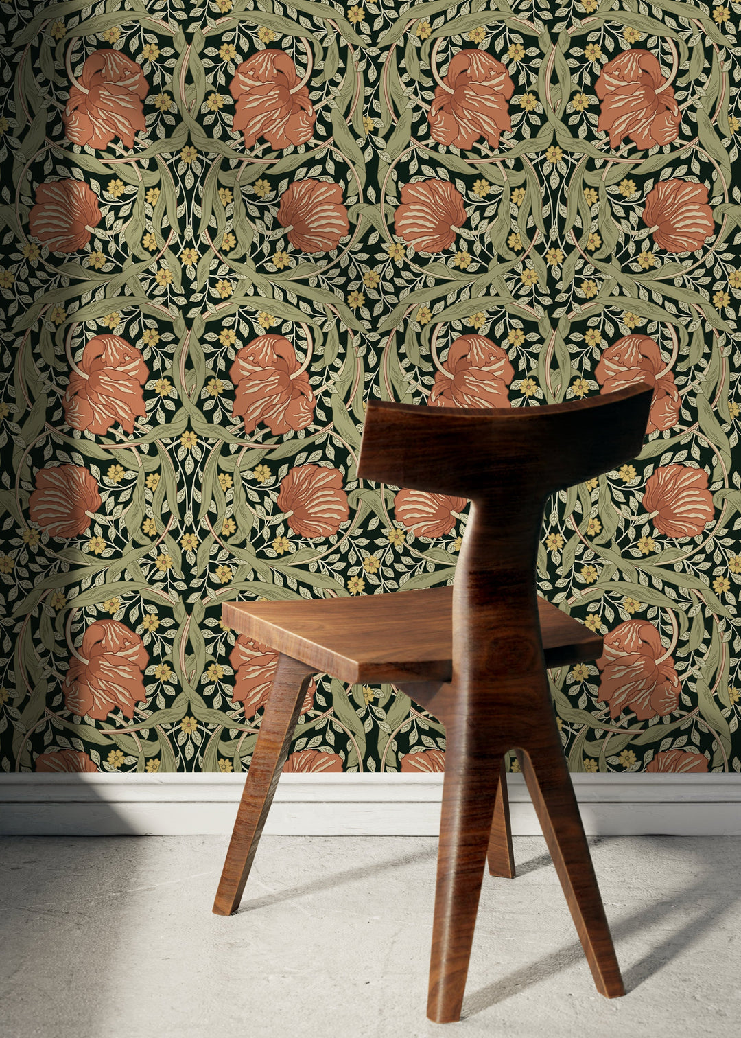 Floral Wallpaper with a Vintage Morris Style Motif in Green, Terracotta, and Yellow - D300