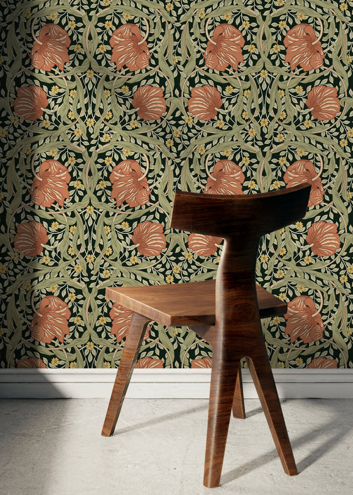 Floral Wallpaper with a Vintage Morris Style Motif in Green, Terracotta, and Yellow - D300