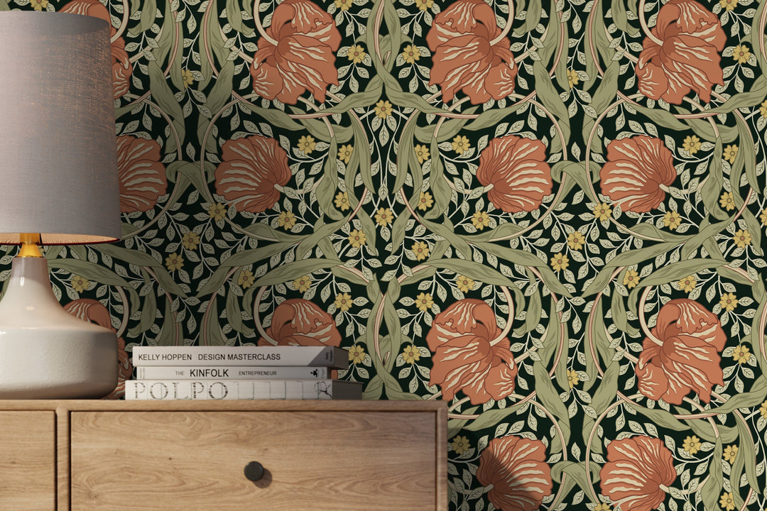 Floral Wallpaper with a Vintage Morris Style Motif in Green, Terracotta, and Yellow - D300