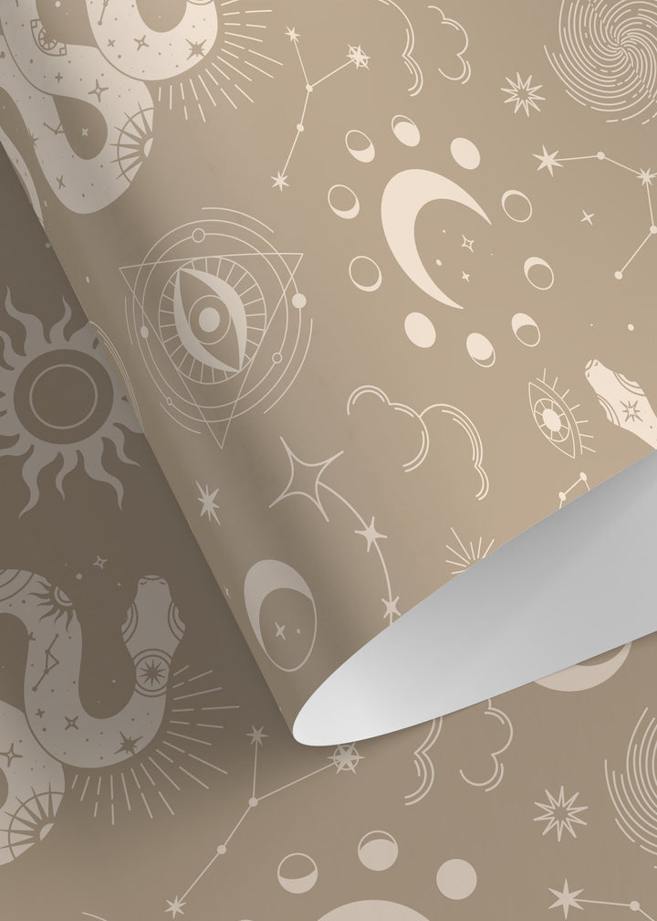Celestial Wallpaper with Mystical Snakes and Moons in Beige and Cream - D344