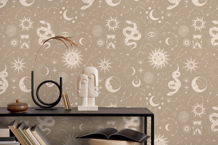 Celestial Wallpaper with Mystical Snakes and Moons in Beige and Cream - D344