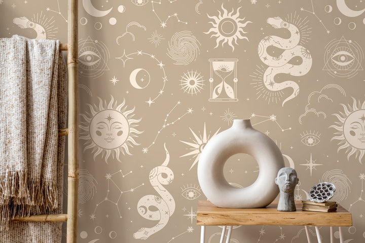 Celestial Wallpaper with Mystical Snakes and Moons in Beige and Cream - D344