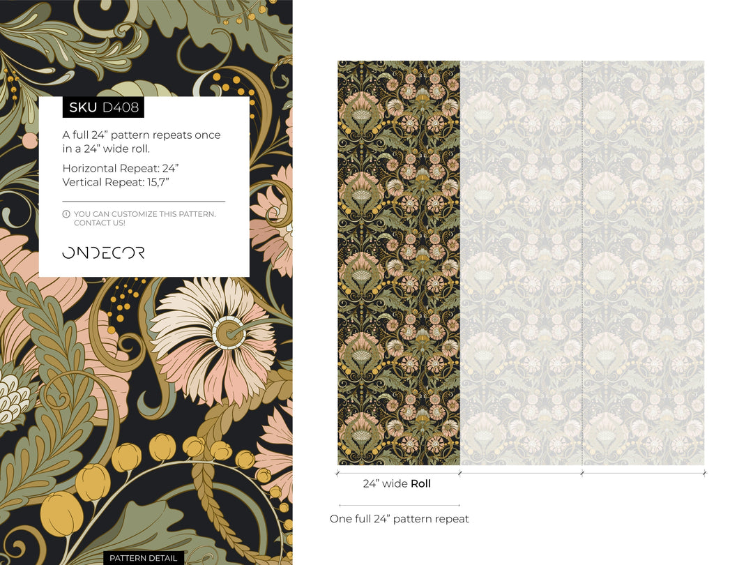 Art Nouveau Wallpaper with Stylized Florals in Black, Pink, and Green - D408