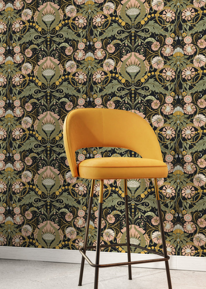 Art Nouveau Wallpaper with Stylized Florals in Black, Pink, and Green - D408