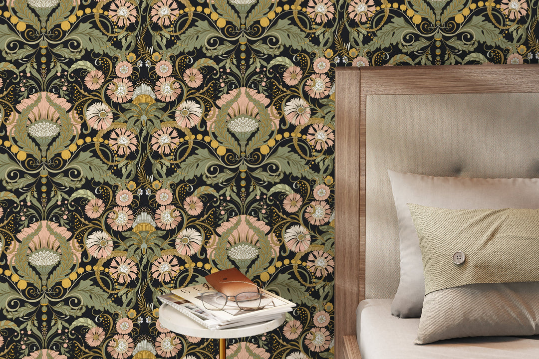 Art Nouveau Wallpaper with Stylized Florals in Black, Pink, and Green - D408
