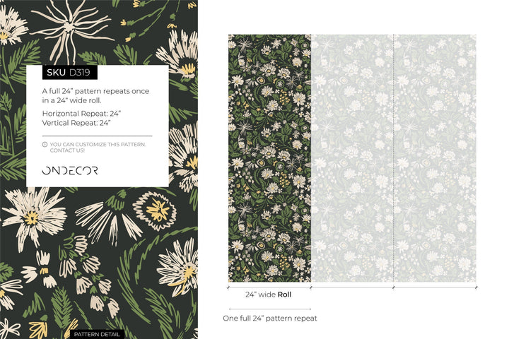 Botanical Wallpaper with Sketchy Wildflowers in Green, Cream, and Yellow - D319