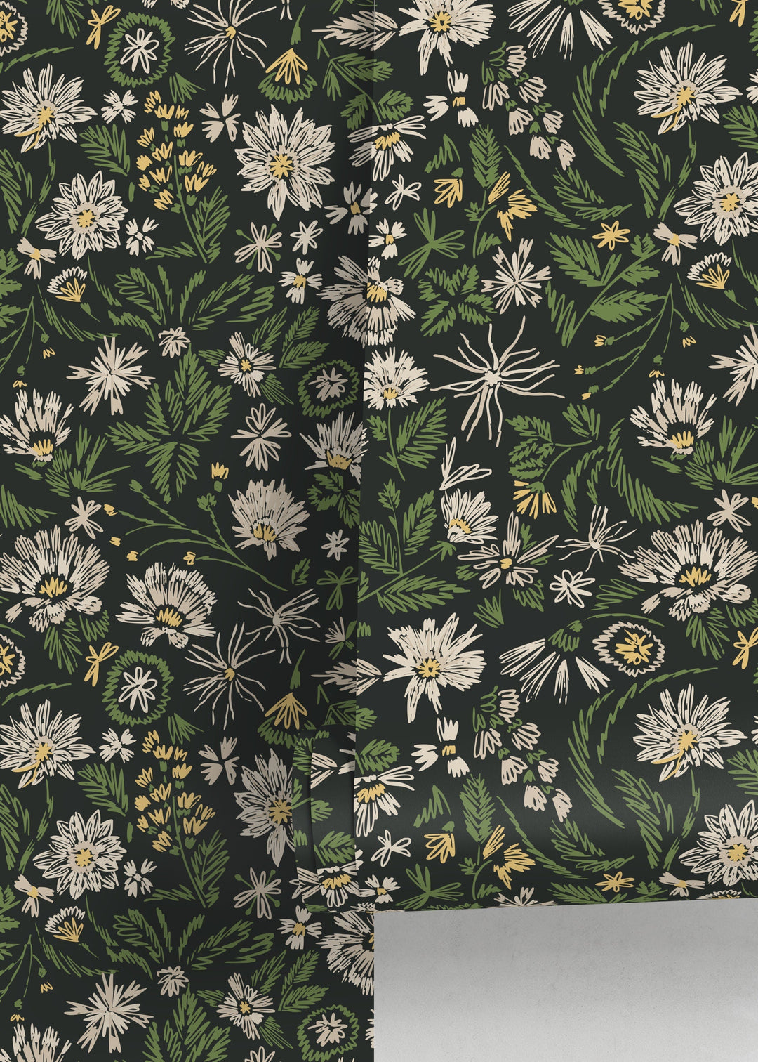 Botanical Wallpaper with Sketchy Wildflowers in Green, Cream, and Yellow - D319