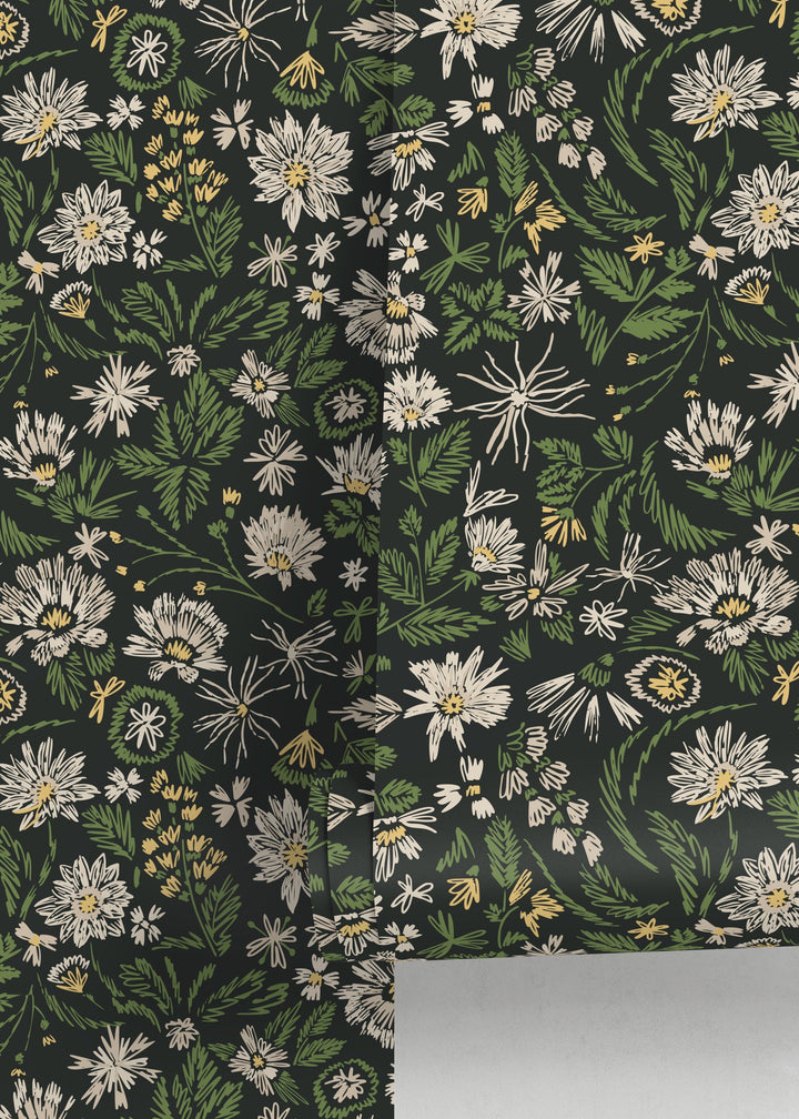 Botanical Wallpaper with Sketchy Wildflowers in Green, Cream, and Yellow - D319