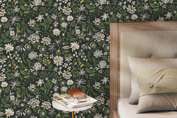 Botanical Wallpaper with Sketchy Wildflowers in Green, Cream, and Yellow - D319