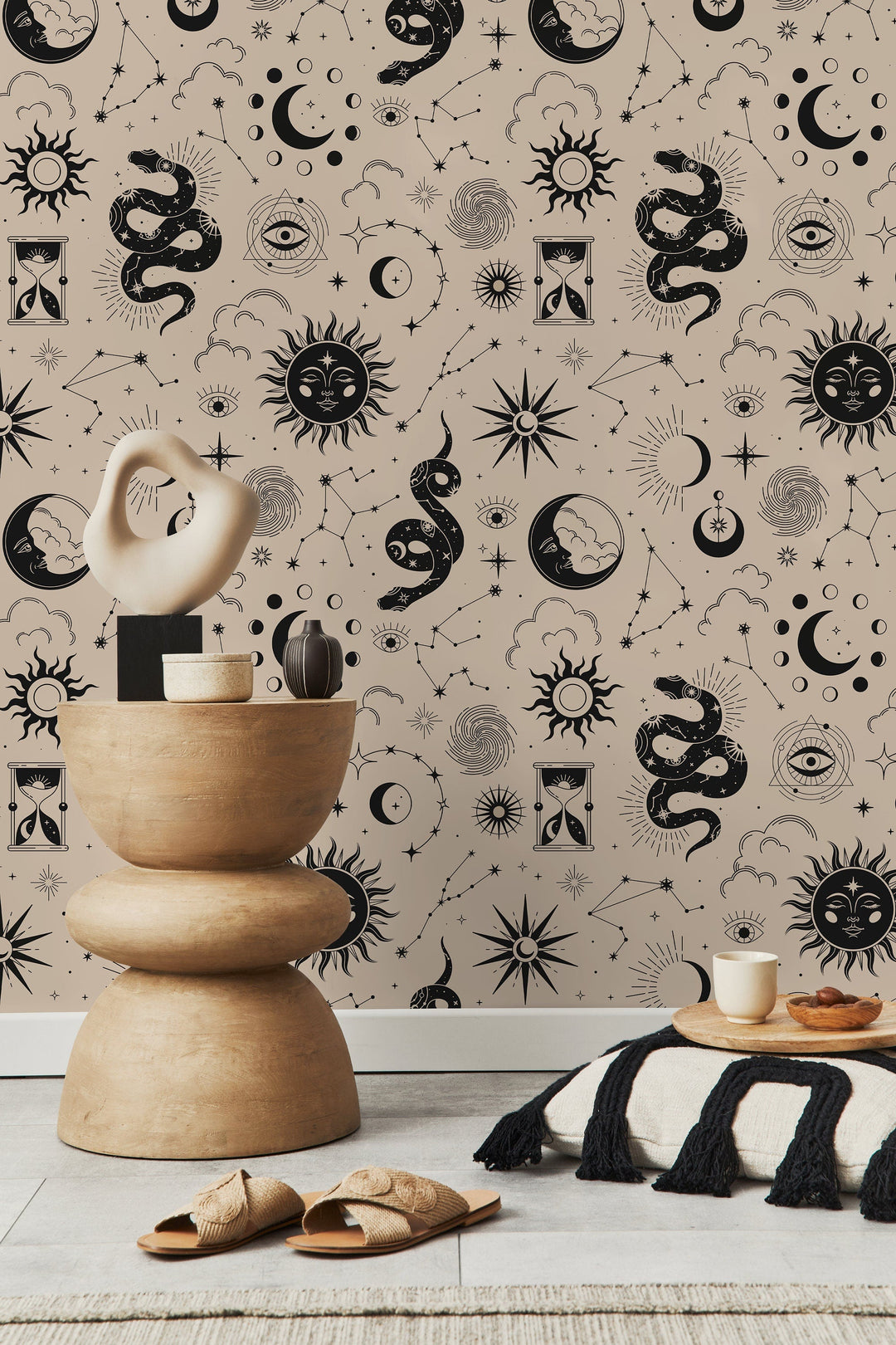 Celestial Wallpaper with Suns, Moons, and Snakes in Black and Beige - D343