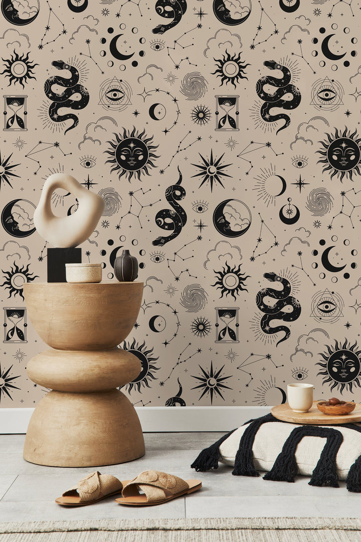 Celestial Wallpaper with Suns, Moons, and Snakes in Black and Beige - D343