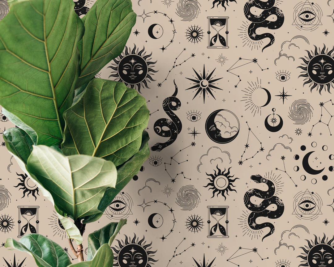 Celestial Wallpaper with Suns, Moons, and Snakes in Black and Beige - D343