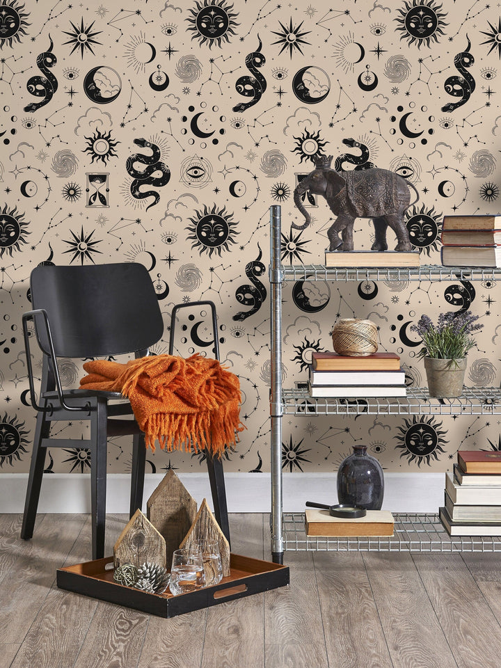 Celestial Wallpaper with Suns, Moons, and Snakes in Black and Beige - D343