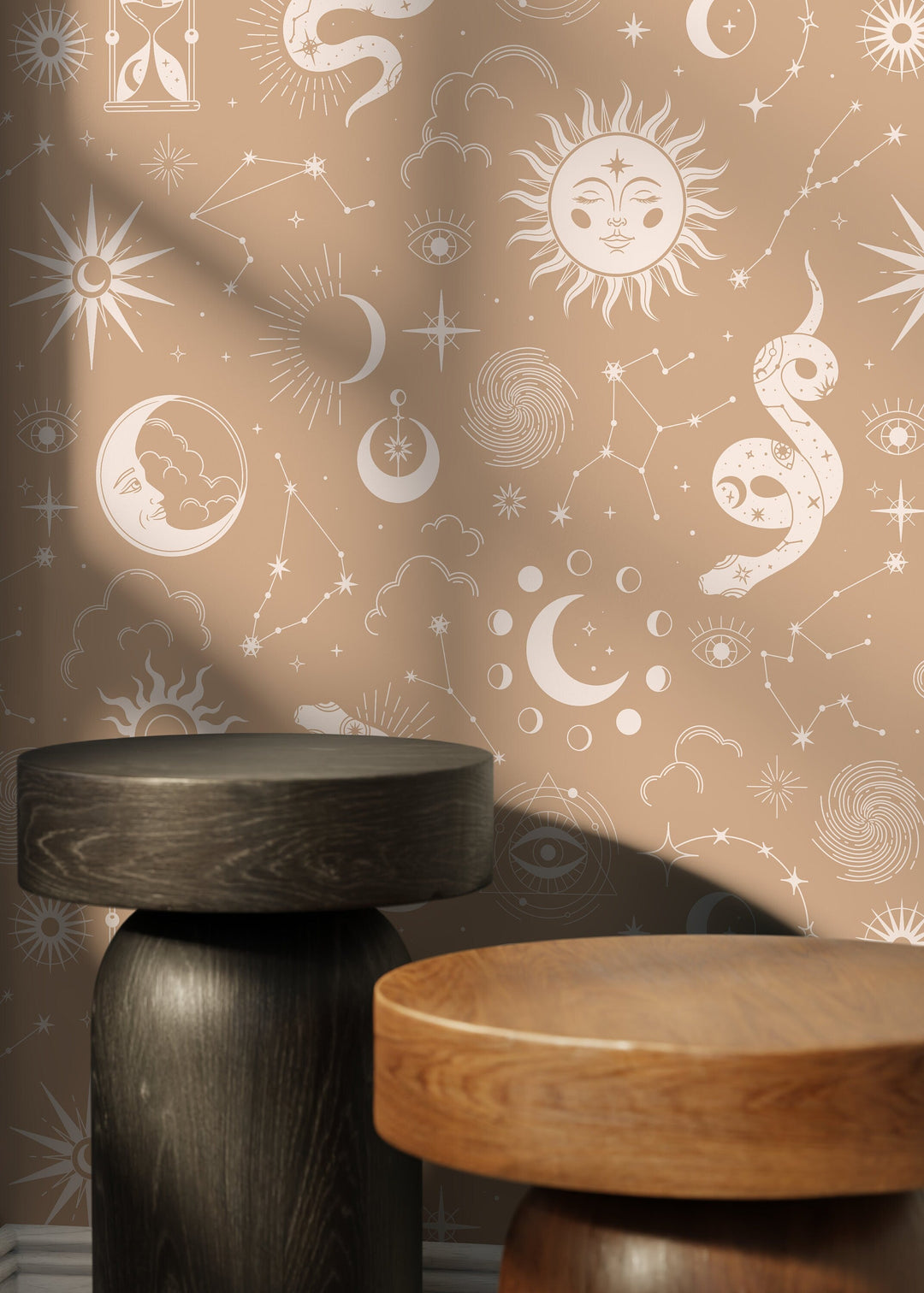Celestial Wallpaper with Sun, Moon, and Stars in Beige and Cream - D346