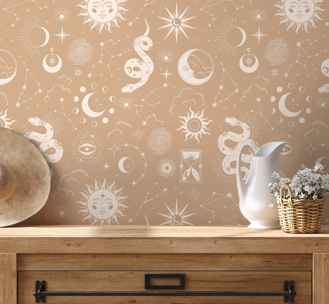 Celestial Wallpaper with Sun, Moon, and Stars in Beige and Cream - D346