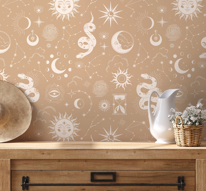 Celestial Wallpaper with Sun, Moon, and Stars in Beige and Cream - D346