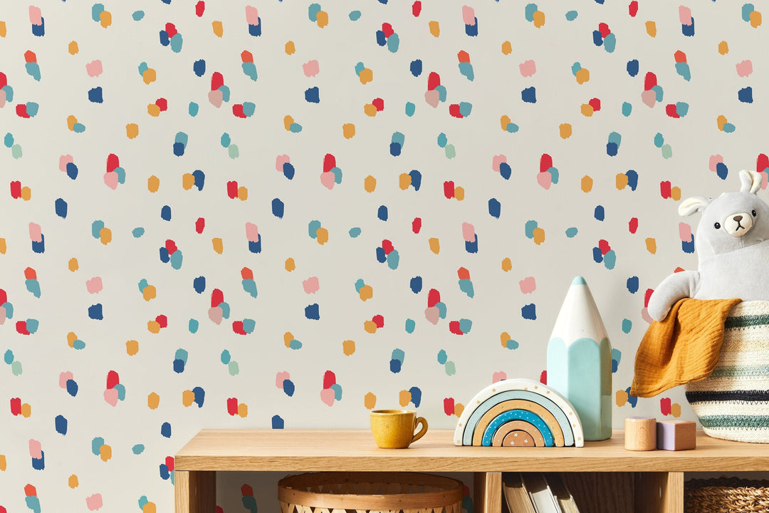 Abstract Wallpaper with Colorful Brush Strokes in Blue, Red, and Yellow - D347