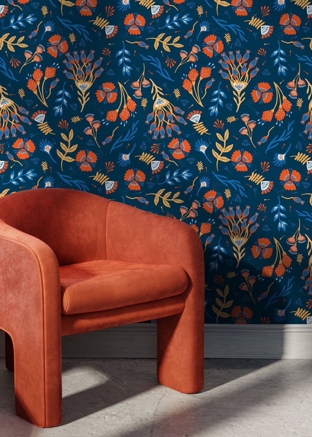 Floral Wallpaper with a Folk Art Motif in Orange, Blue, and Yellow - D359