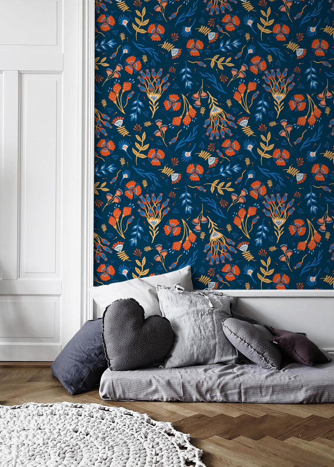 Floral Wallpaper with a Folk Art Motif in Orange, Blue, and Yellow - D359