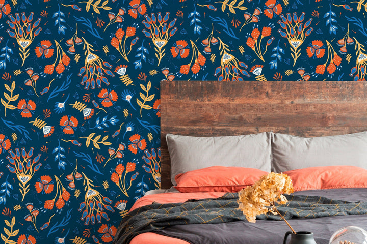 Floral Wallpaper with a Folk Art Motif in Orange, Blue, and Yellow - D359