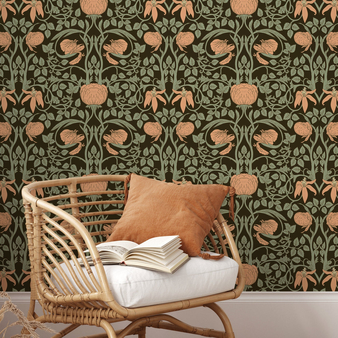 Art Nouveau Wallpaper with Stylized Floral Vines in Brown, Green, and Peach - D477