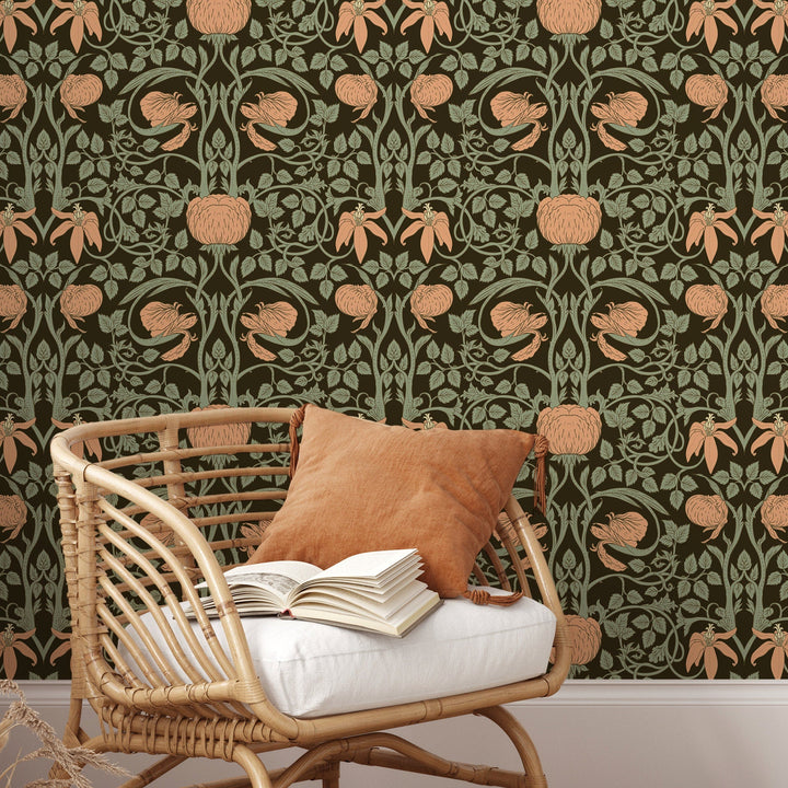 Art Nouveau Wallpaper with Stylized Floral Vines in Brown, Green, and Peach - D477