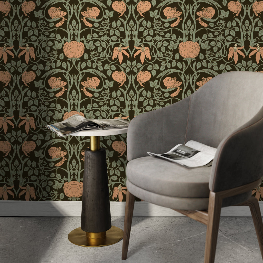 Art Nouveau Wallpaper with Stylized Floral Vines in Brown, Green, and Peach - D477