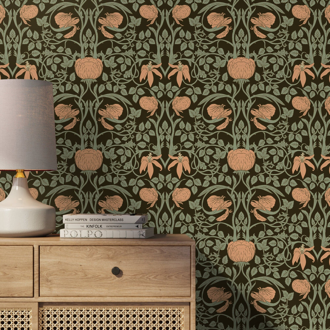 Art Nouveau Wallpaper with Stylized Floral Vines in Brown, Green, and Peach - D477