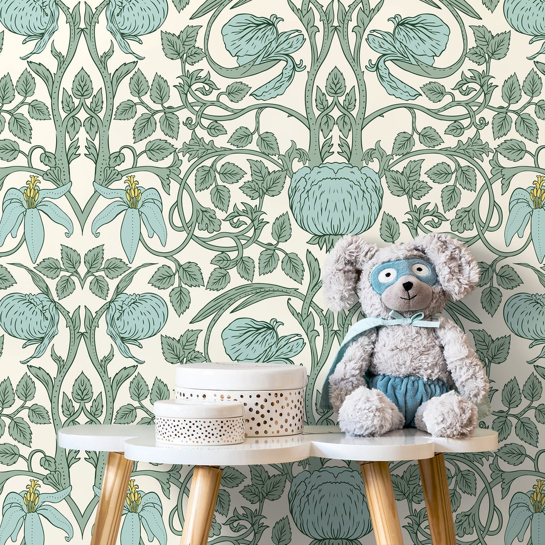Art Nouveau Wallpaper with Elegant Floral Vines in Green and Blue - D479