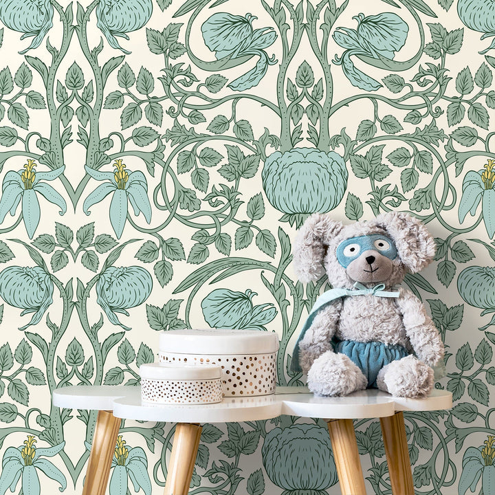 Art Nouveau Wallpaper with Elegant Floral Vines in Green and Blue - D479
