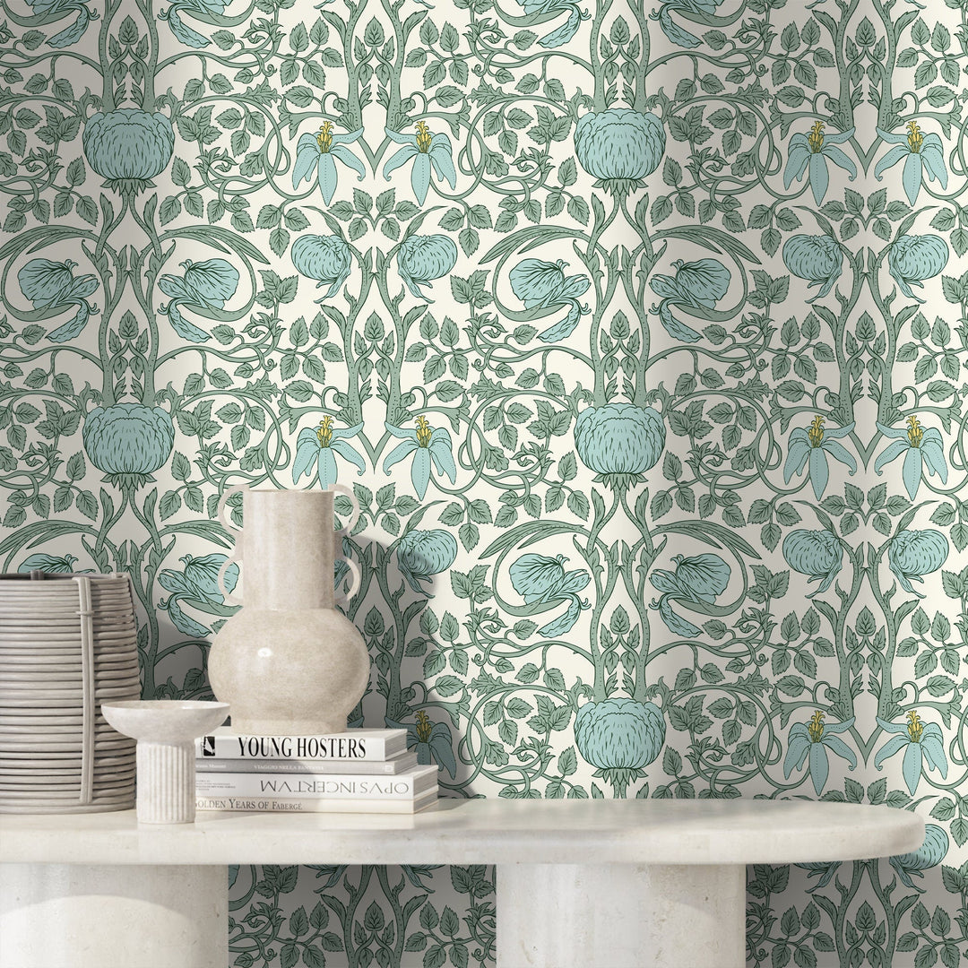 Art Nouveau Wallpaper with Elegant Floral Vines in Green and Blue - D479