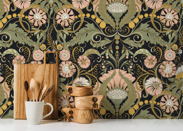 Art Nouveau Wallpaper with Stylized Florals in Black, Pink, and Green - D408