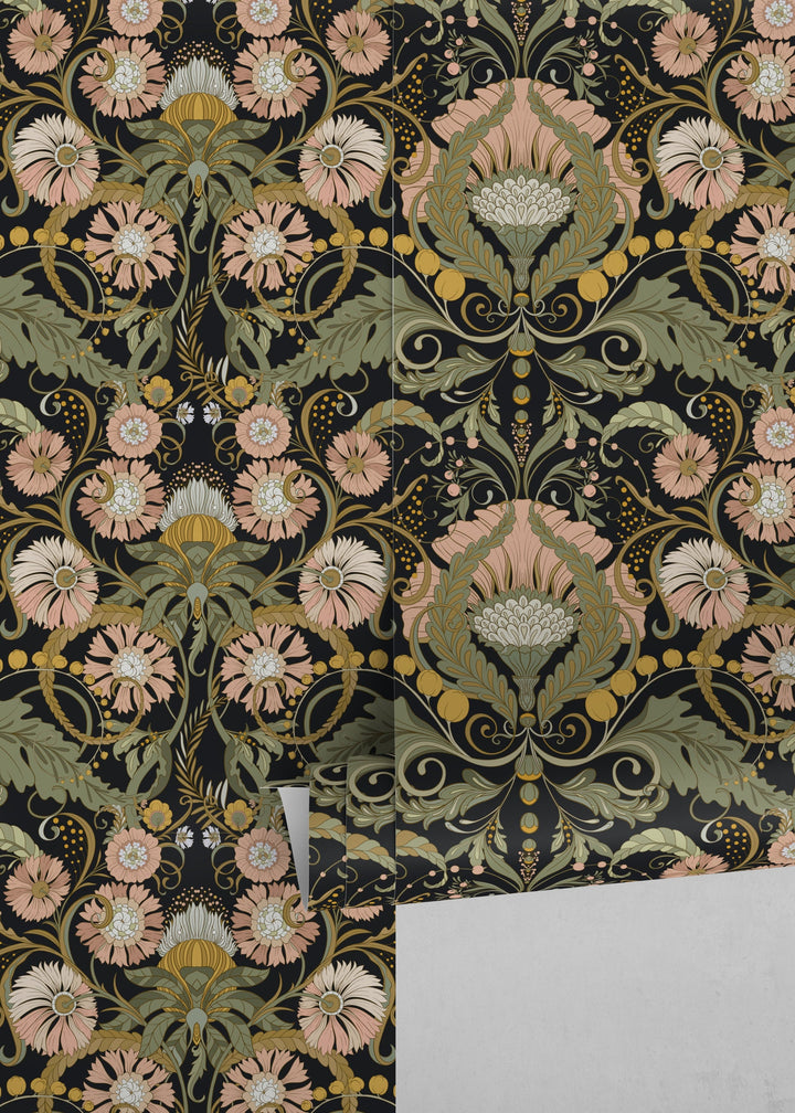 Art Nouveau Wallpaper with Stylized Florals in Black, Pink, and Green - D408