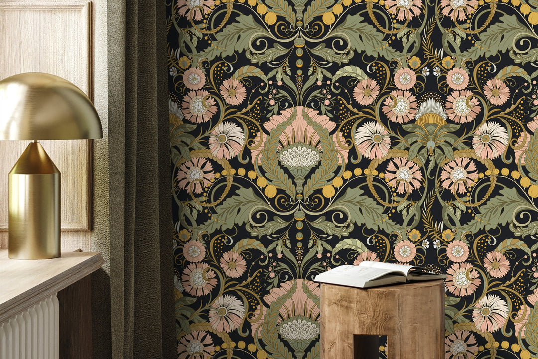 Art Nouveau Wallpaper with Stylized Florals in Black, Pink, and Green - D408