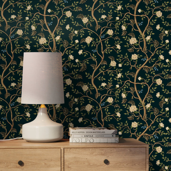 Chinoiserie Wallpaper with a Floral Garden Motif in Dark Teal and Cream - D501