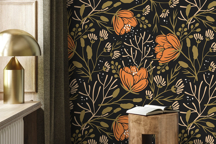 Boho Floral Wallpaper with Stylized Blooms in Orange, Green, and Black - D153