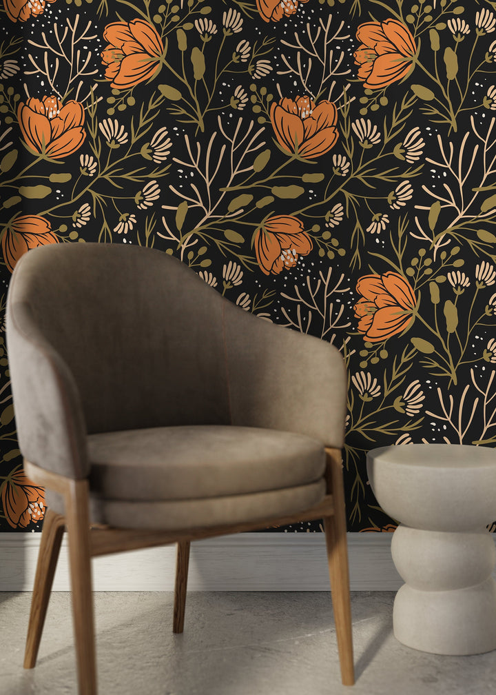 Boho Floral Wallpaper with Stylized Blooms in Orange, Green, and Black - D153