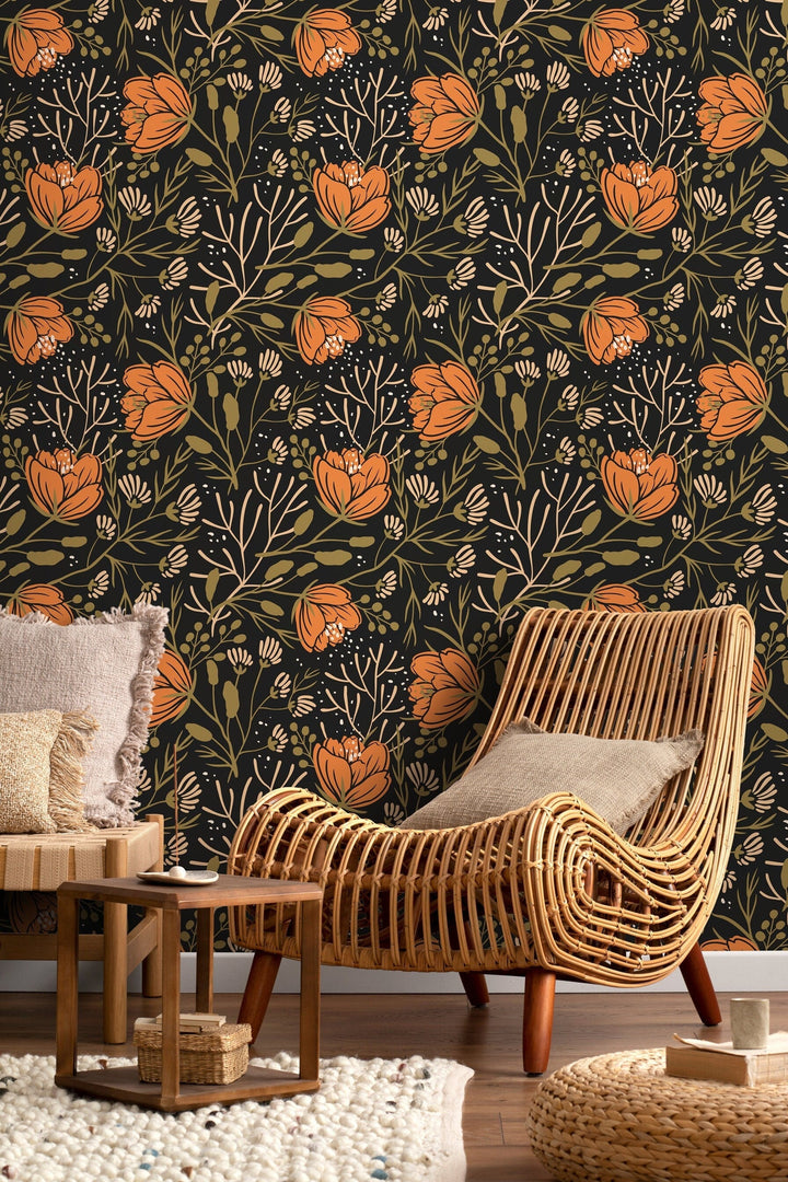 Boho Floral Wallpaper with Stylized Blooms in Orange, Green, and Black - D153