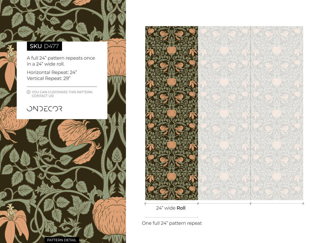 Art Nouveau Wallpaper with Stylized Floral Vines in Brown, Green, and Peach - D477